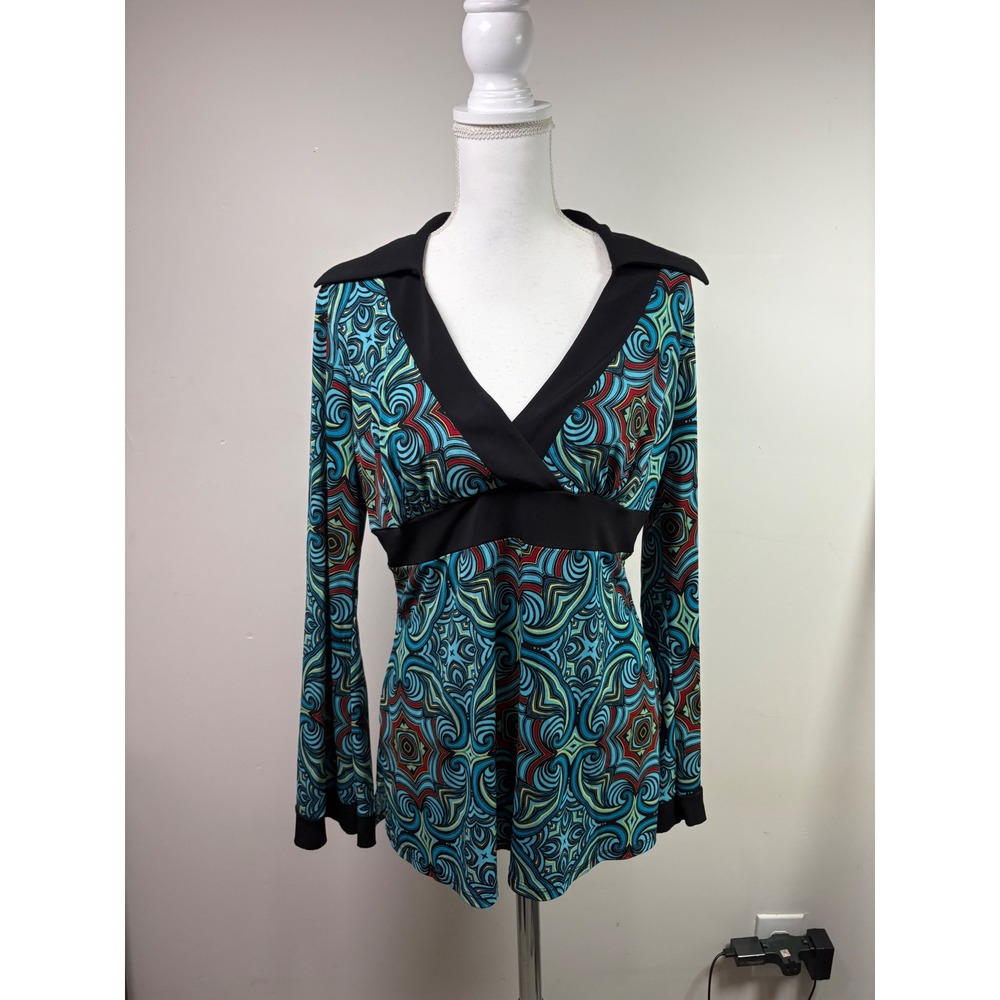 Bisou Bisou Michelle Bohbot Womens Large Teal Psychedelic Empire Waist Tunic Top